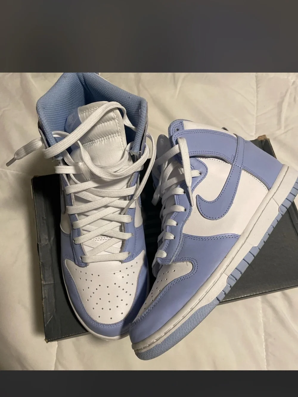 White and Light Blue High-Top Nike dunks